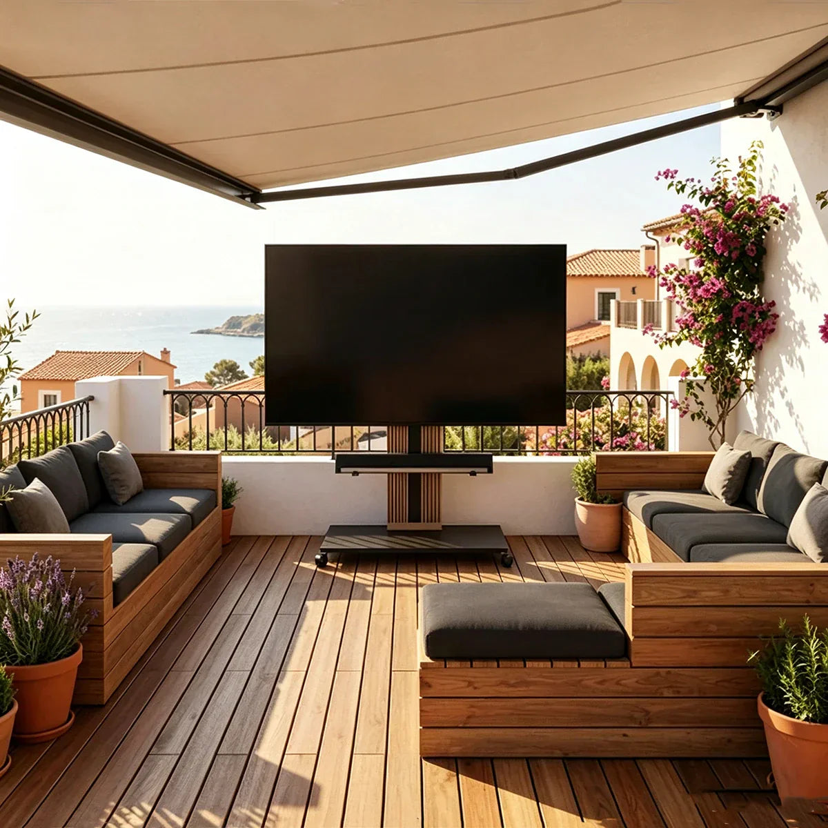 outdoor TV stand on patio