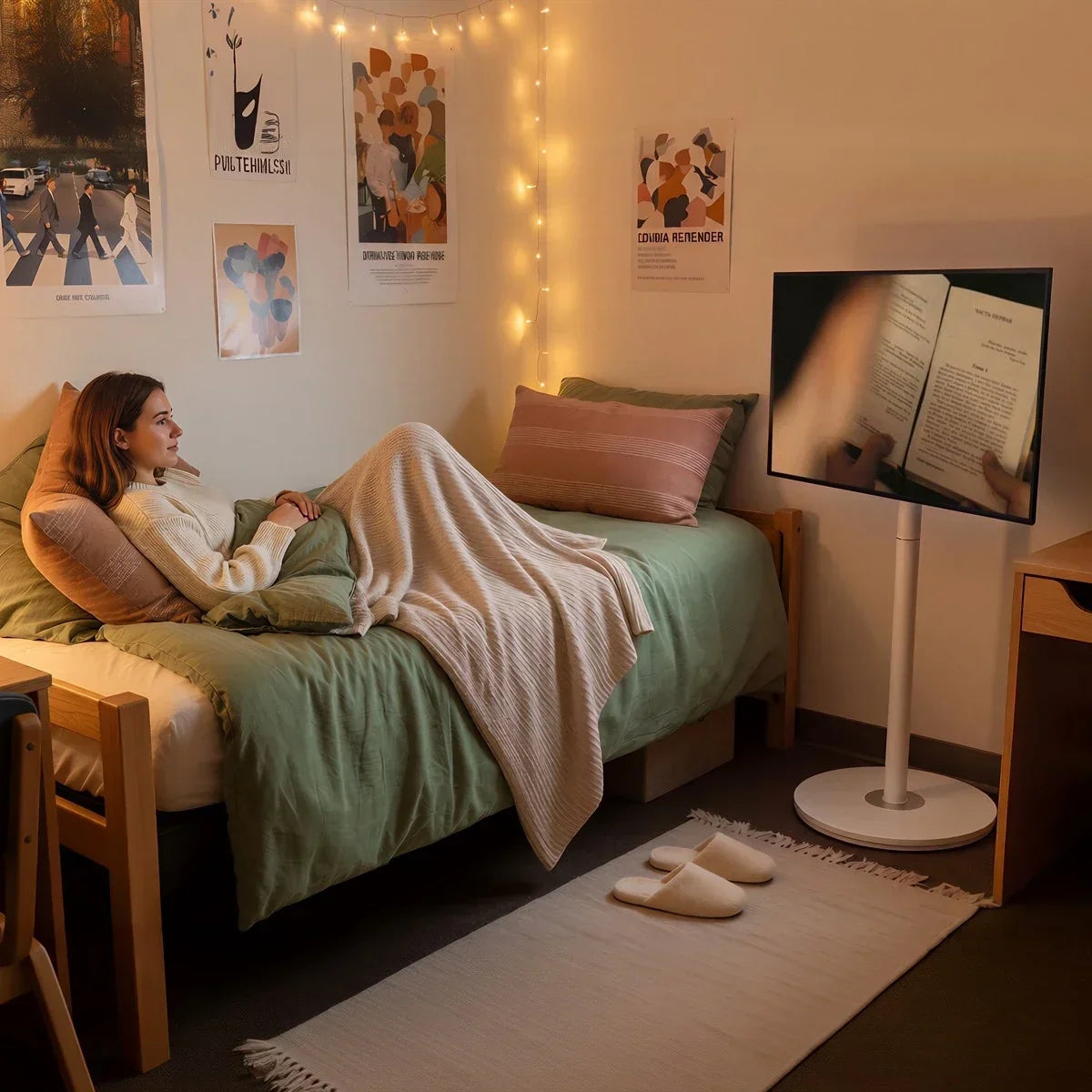 TV stand beside bed