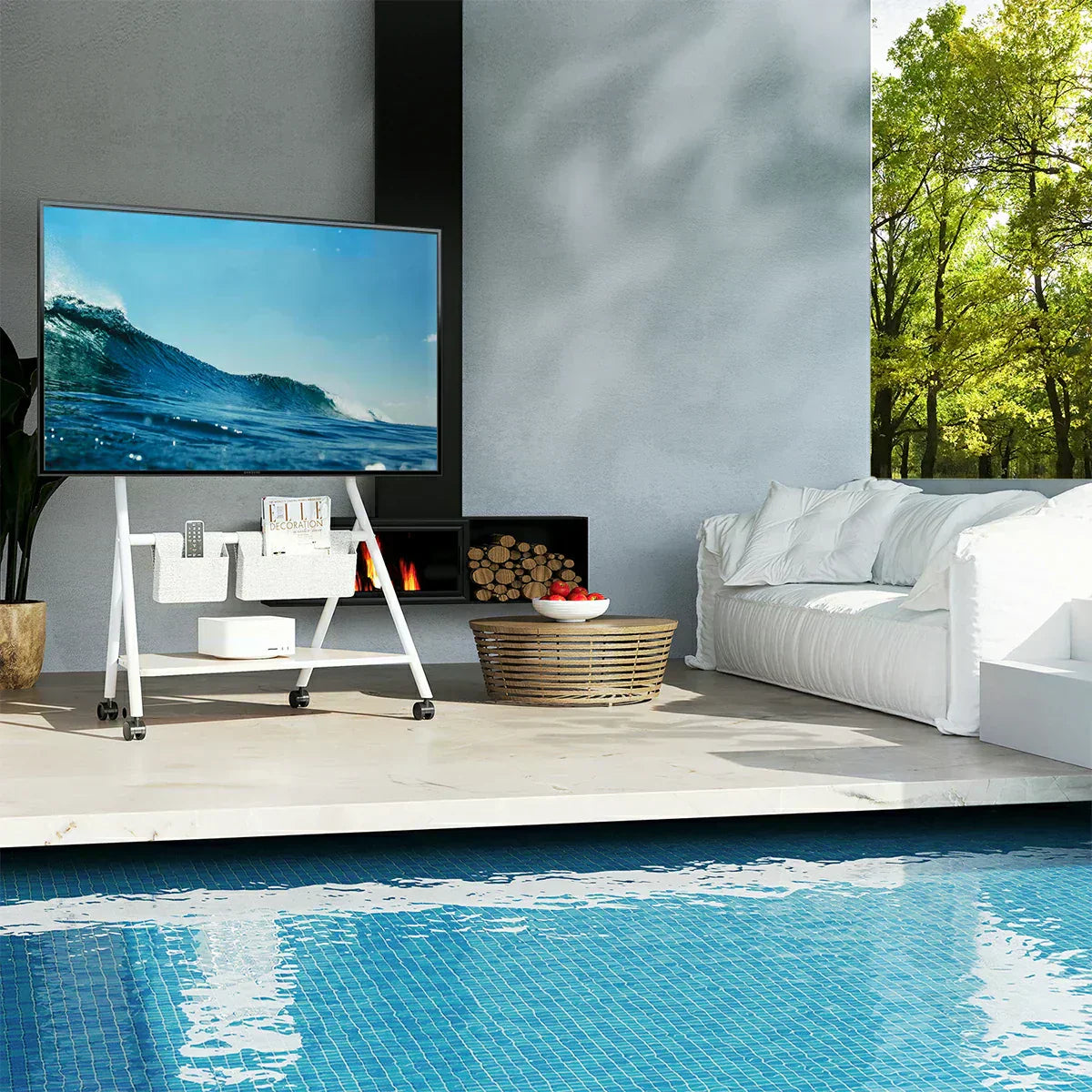 outdoor TV stand by swimming pool