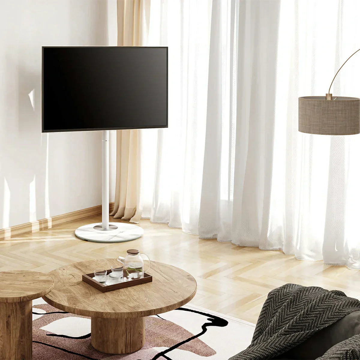 white corner TV stand in living room