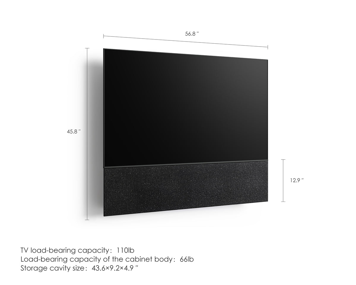 FITUEYES ZEN TM65 Fabric TV mount dimension diagram with a TV, showing overall measurements in inches and load capacities in pounds