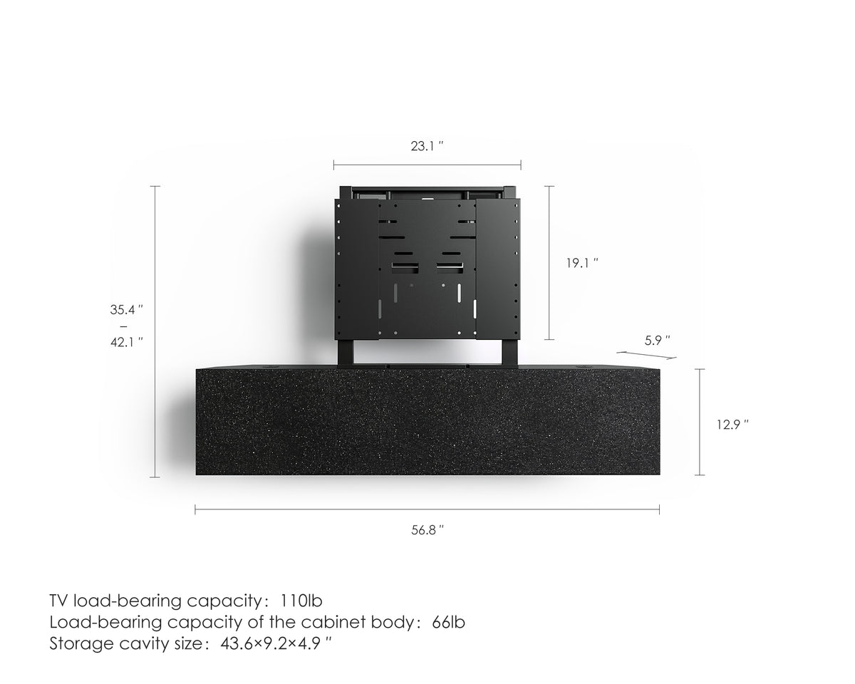FITUEYES ZEN TM65 Fabric TV mount dimension diagram without a TV, showing bracket and cabinet measurements in inches