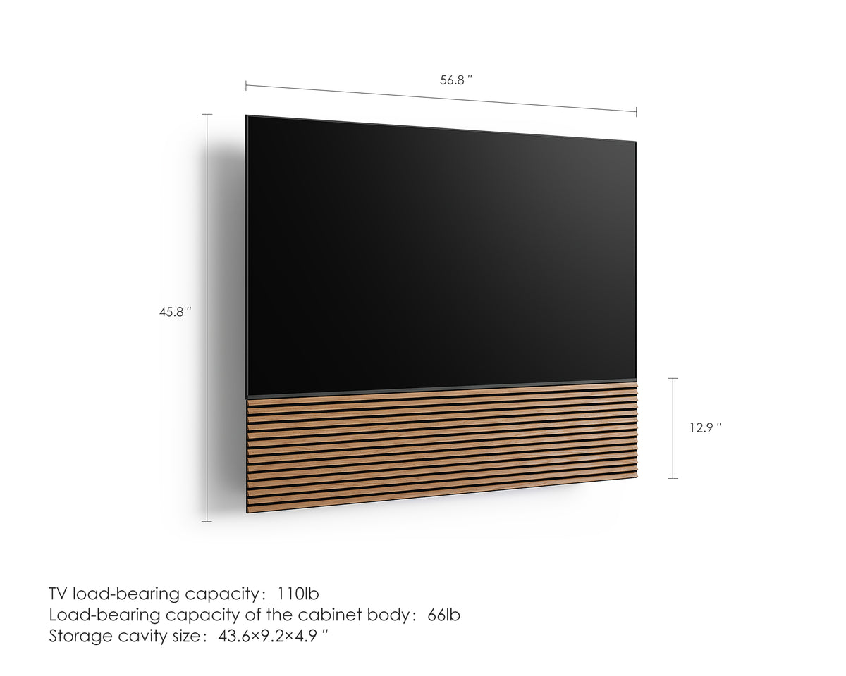 FITUEYES ZEN TM65 Grille TV mount dimension diagram with a TV, showing overall measurements in inches and load capacities in pounds