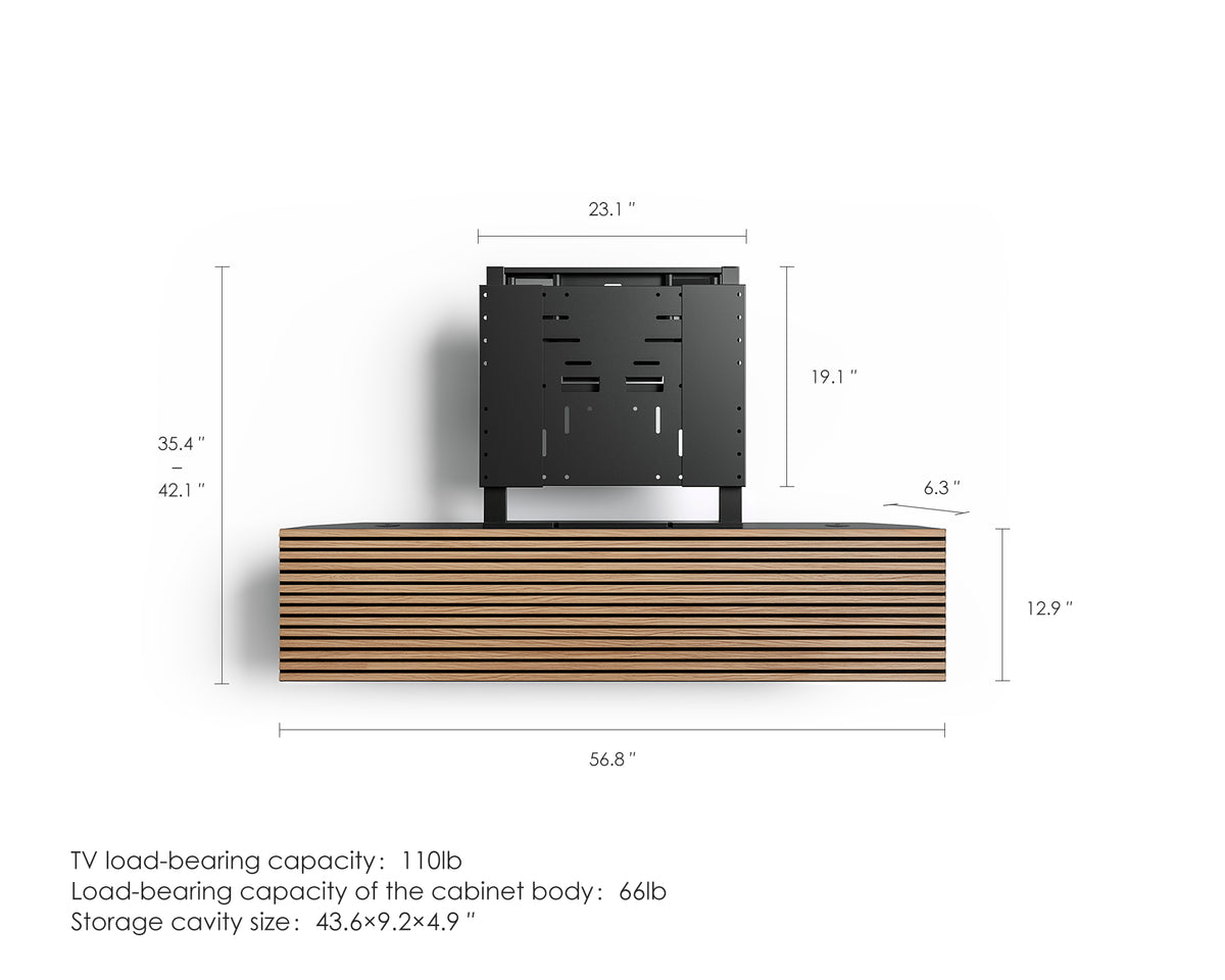FITUEYES ZEN TM65 Grille TV mount dimension diagram without a TV, showing bracket and cabinet measurements in inches