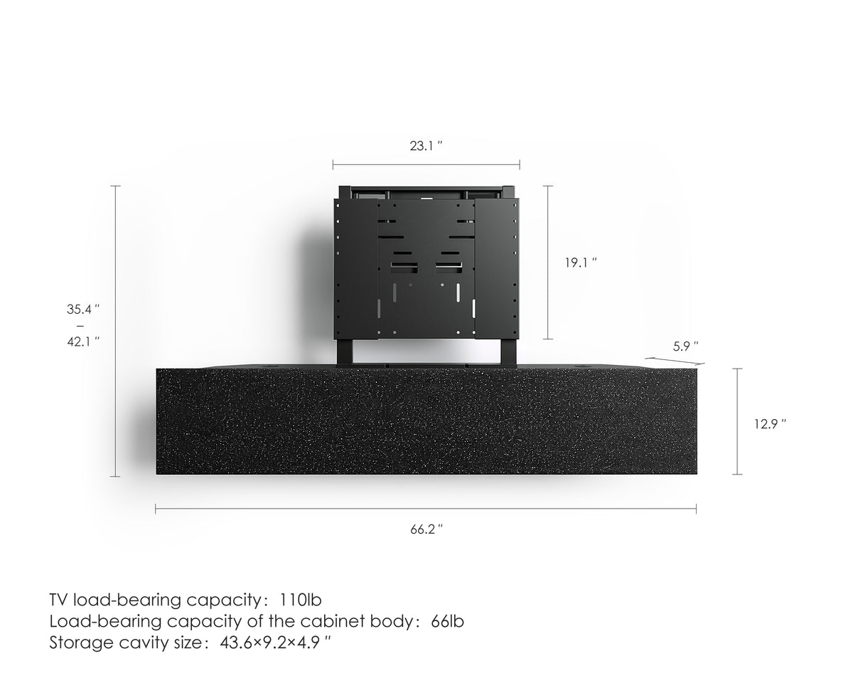 FITUEYES ZEN TM75 Fabric TV mount dimension diagram without a TV, showing bracket and cabinet measurements in inches