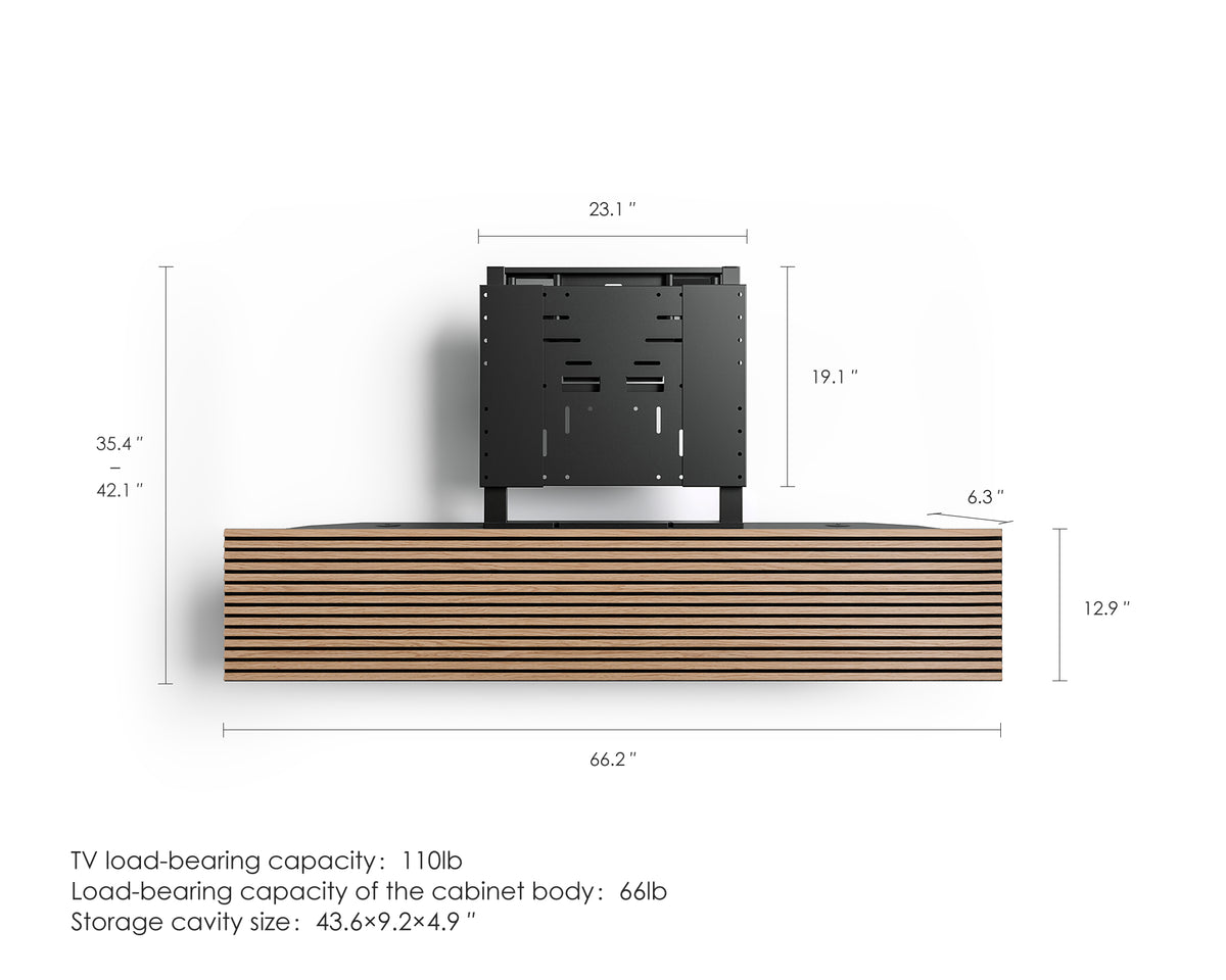 FITUEYES ZEN TM75 Grille TV mount dimension diagram without a TV, showing bracket and cabinet measurements in inches