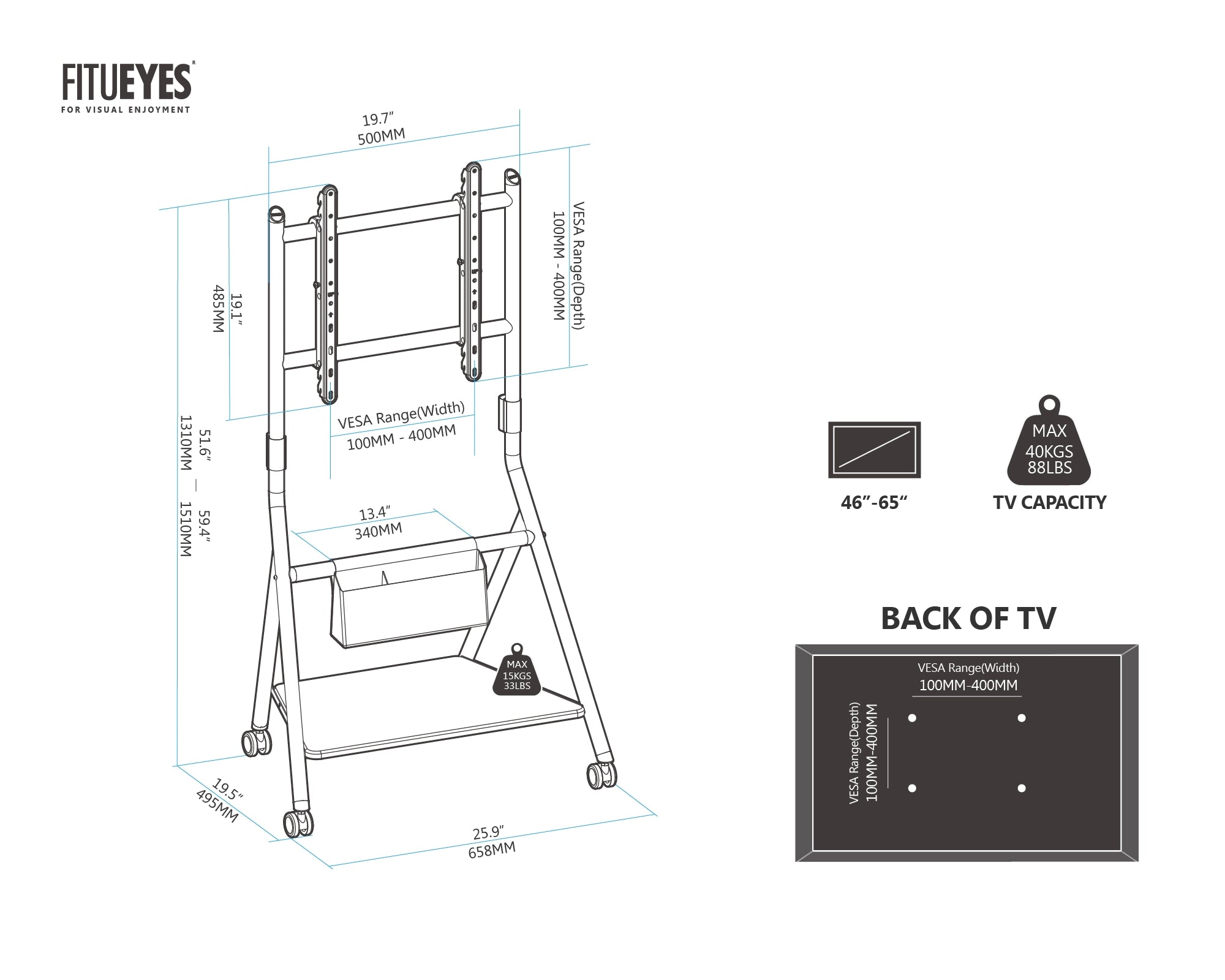Portable Floor TV Stand Storage Collector Series 46-65 Inch Size Guiding