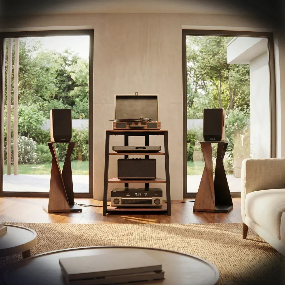Record player stand with speakers
