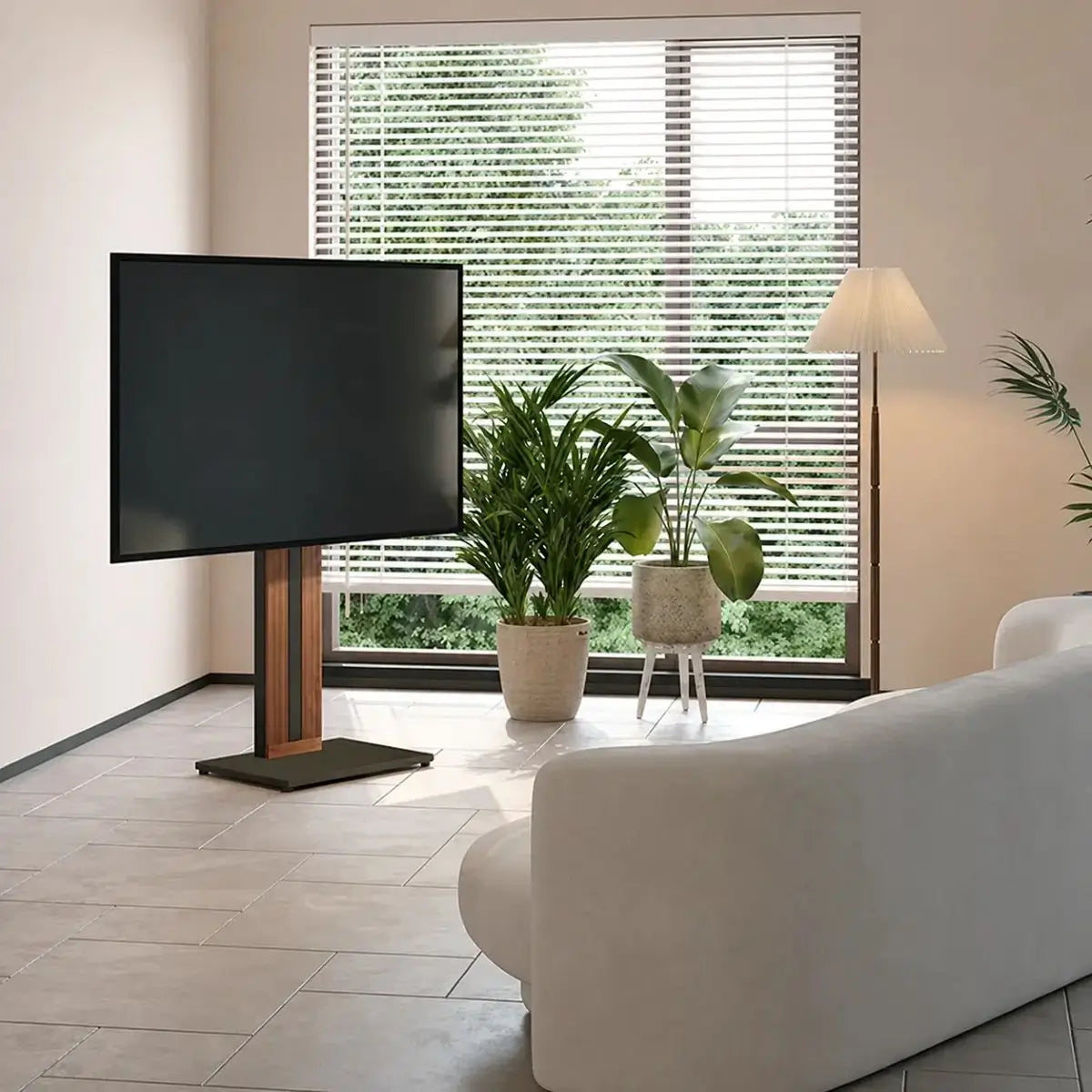 Wood floor TV stand in living room