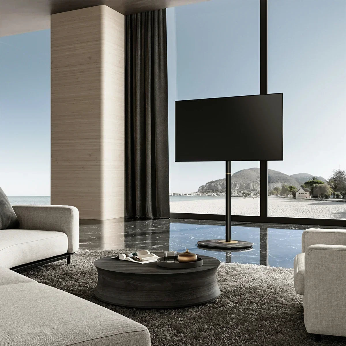 Luxury modern living room featuring a FITUEYES Master floor TV stand with a clean wire-free setup and zero wall drilling.