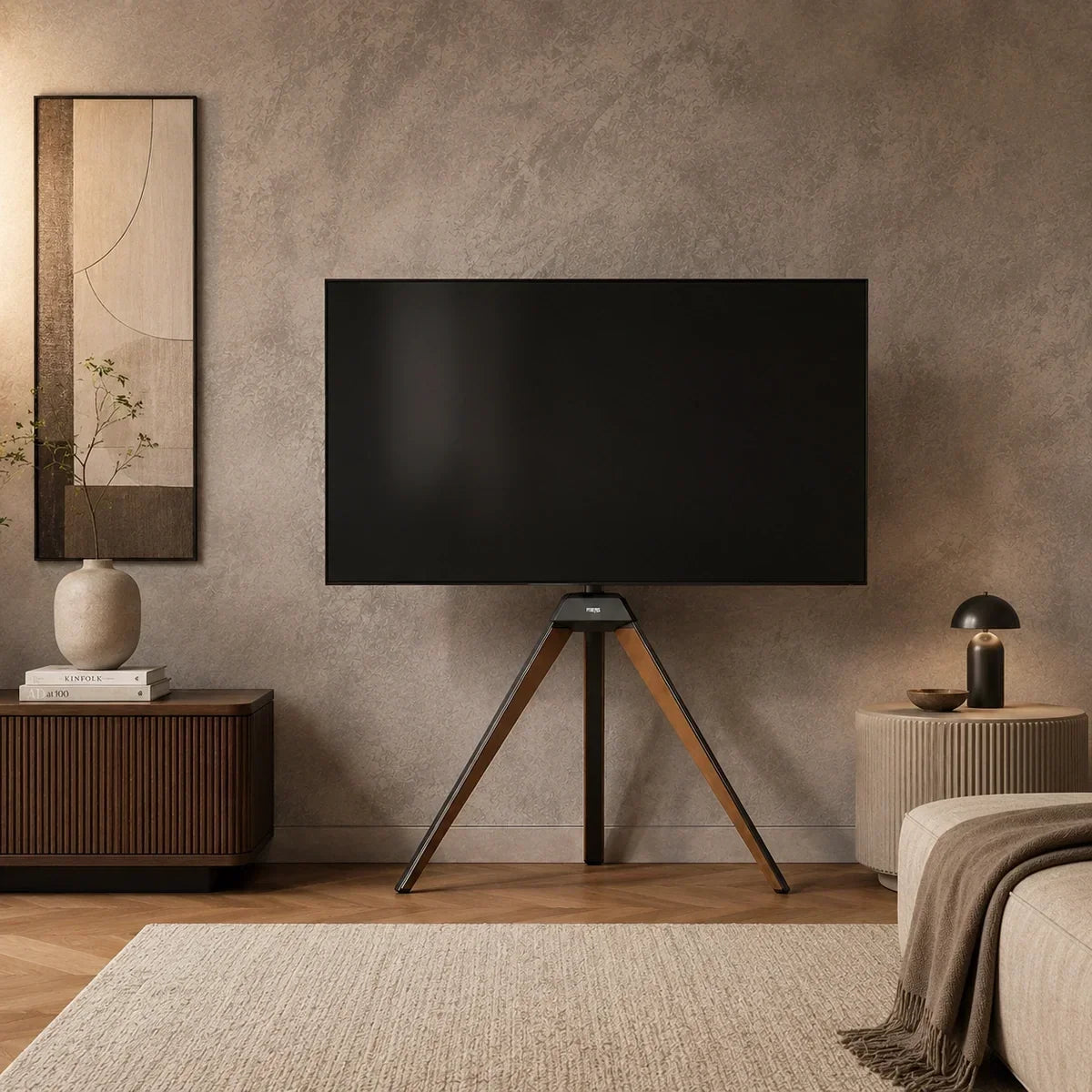 Modern tripod TV stand in living room