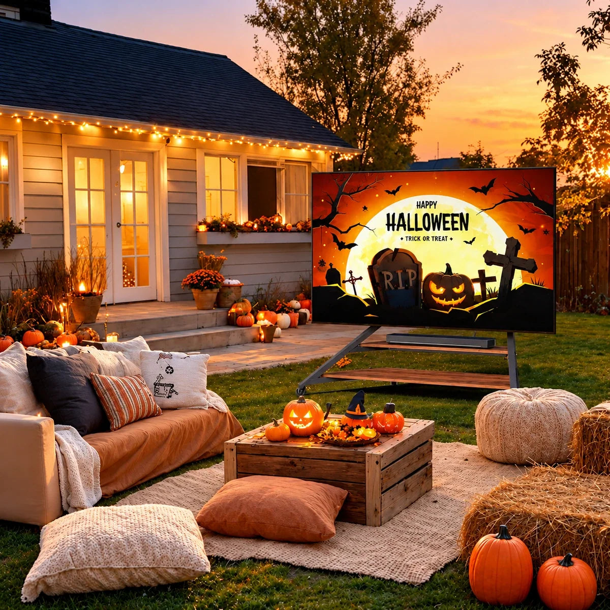 Outdoor Halloween TV viewing setup