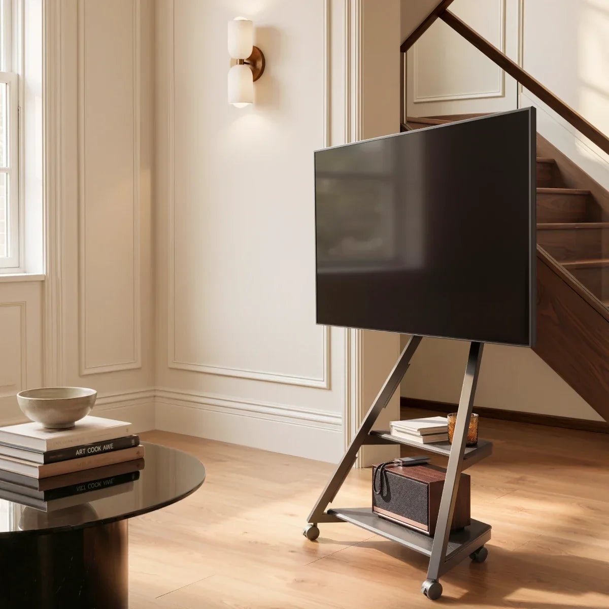 Rolling TV stand in living room