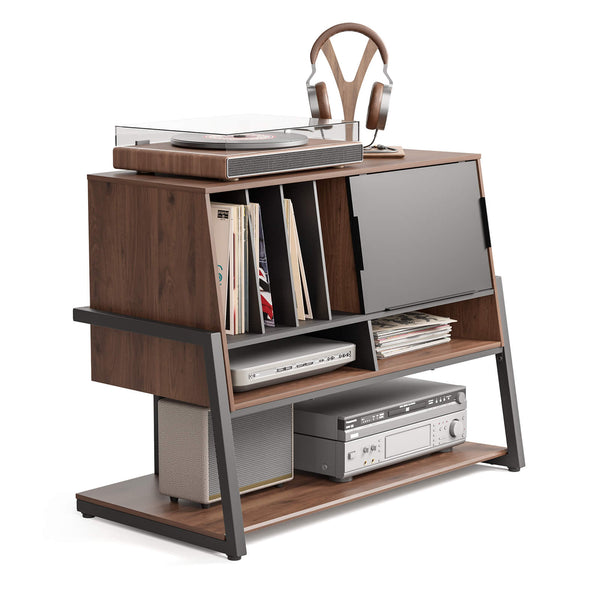 FITUEYES Eiffel RS10 walnut record player stand with turntable, records, amplifier, and headphones