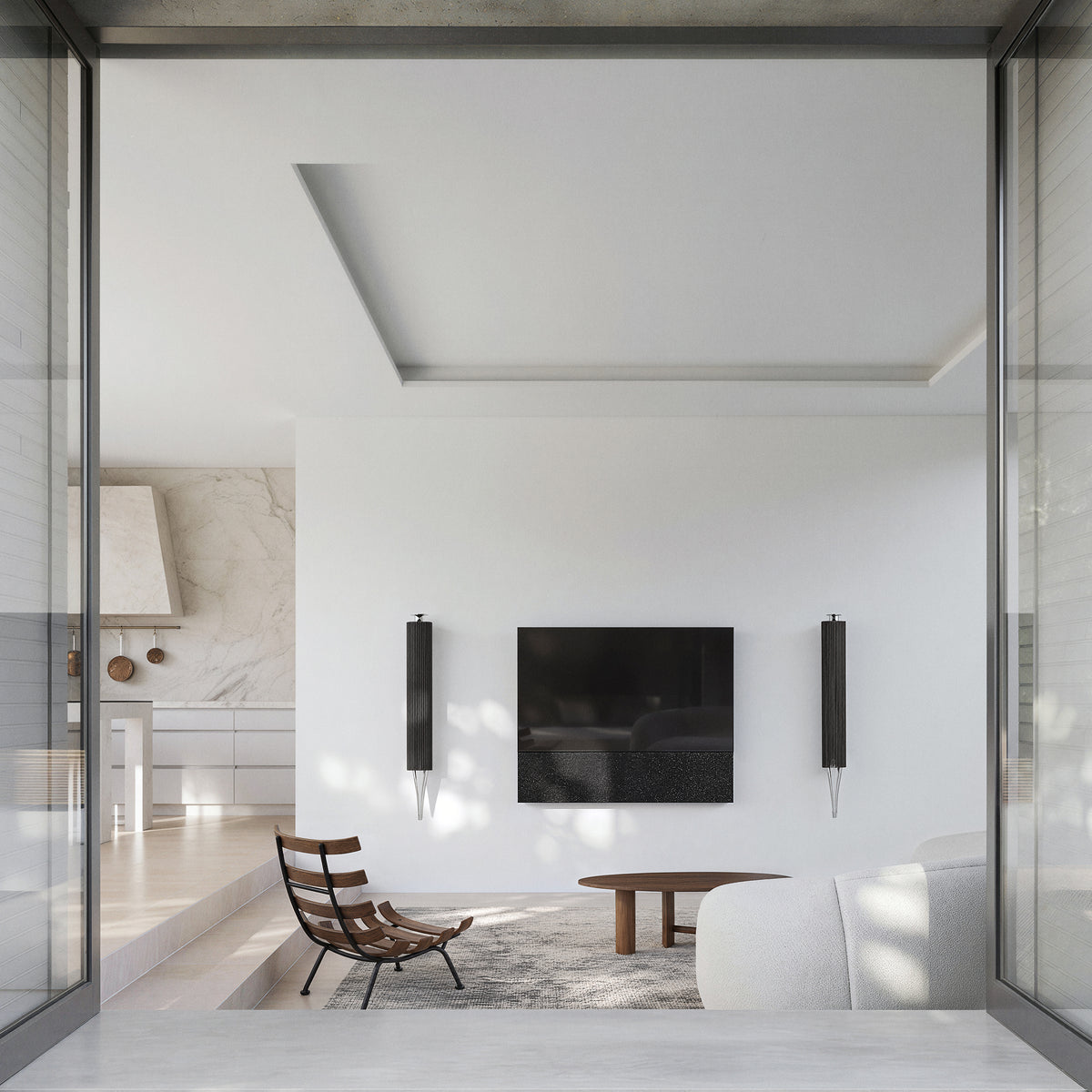 A Picasso stand next to a sculptural counter and colorful dining chairs