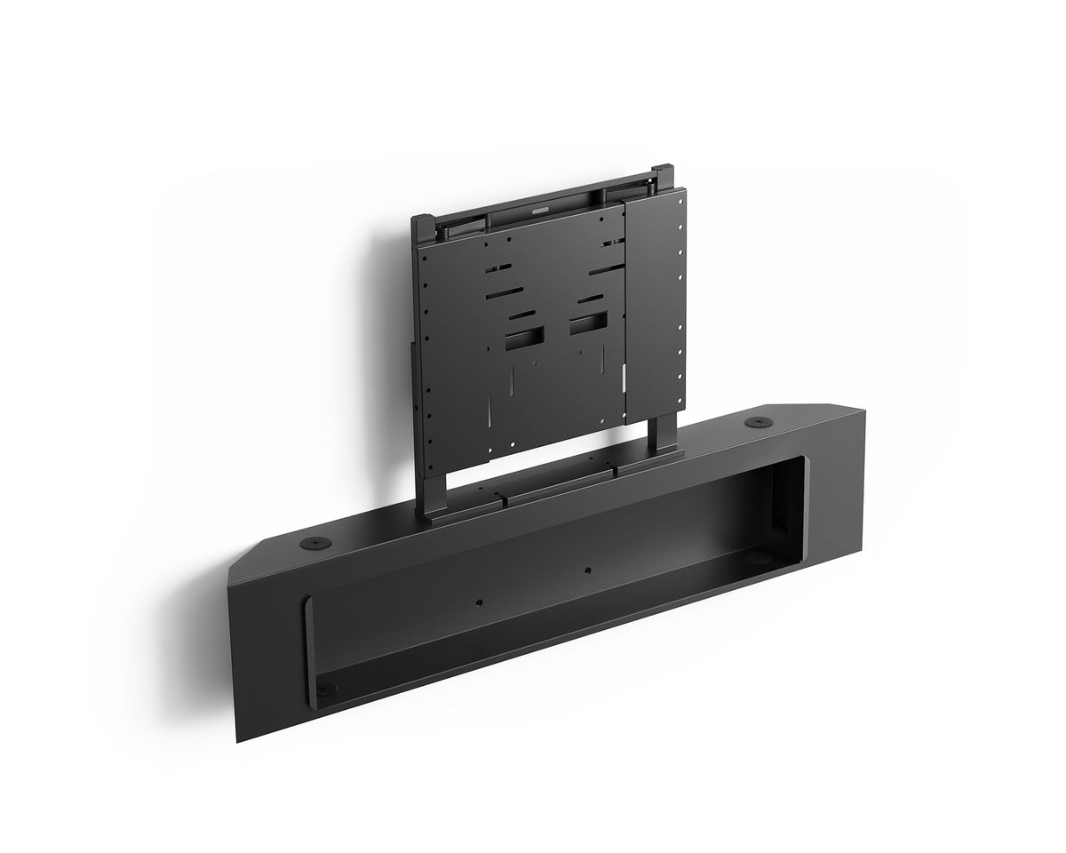 Angled view of the FITUEYES ZEN TM65 Fabric TV mount bracket and open storage compartment without a TV or front panel