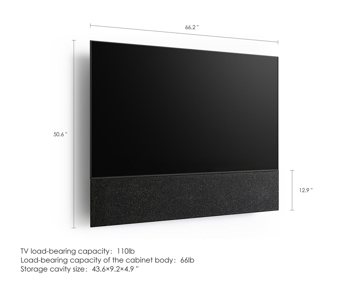 FITUEYES ZEN TM75 Fabric TV mount dimension diagram with a TV, showing overall measurements in inches and load capacities in pounds