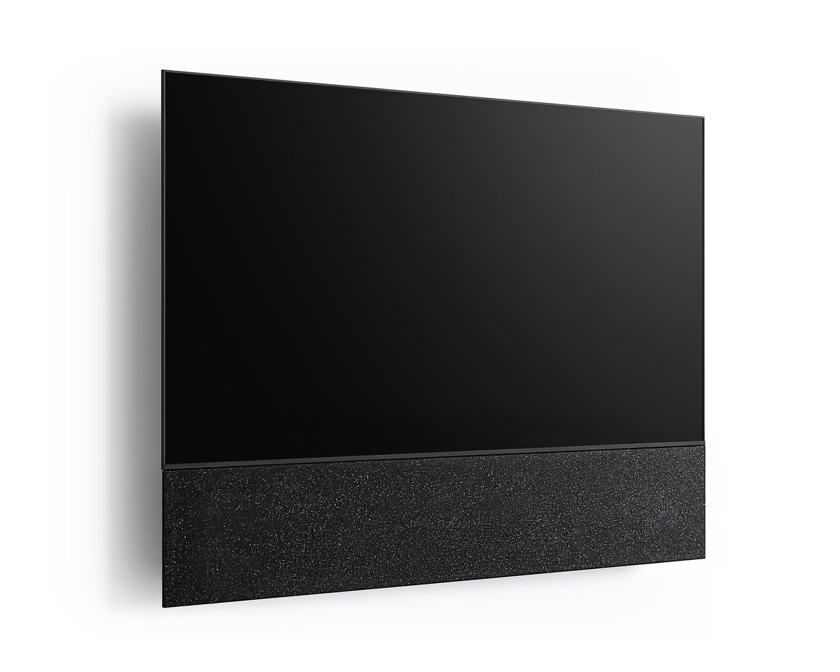 Angled front view of the FITUEYES ZEN TM75 Fabric TV mount with a TV and black fabric panel on a white background