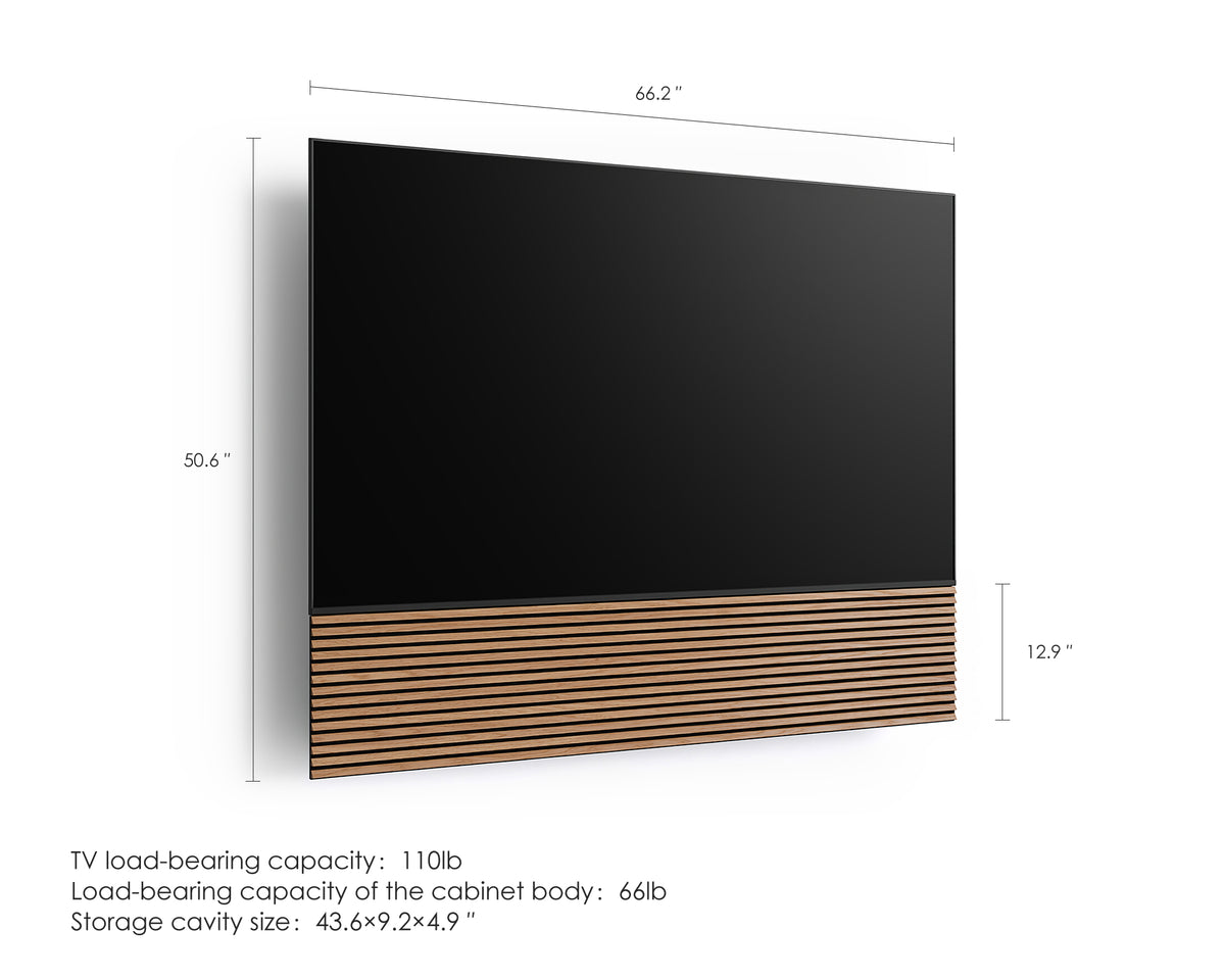 FITUEYES ZEN TM75 Grille TV mount dimension diagram with a TV, showing overall measurements in inches and load capacities in pounds