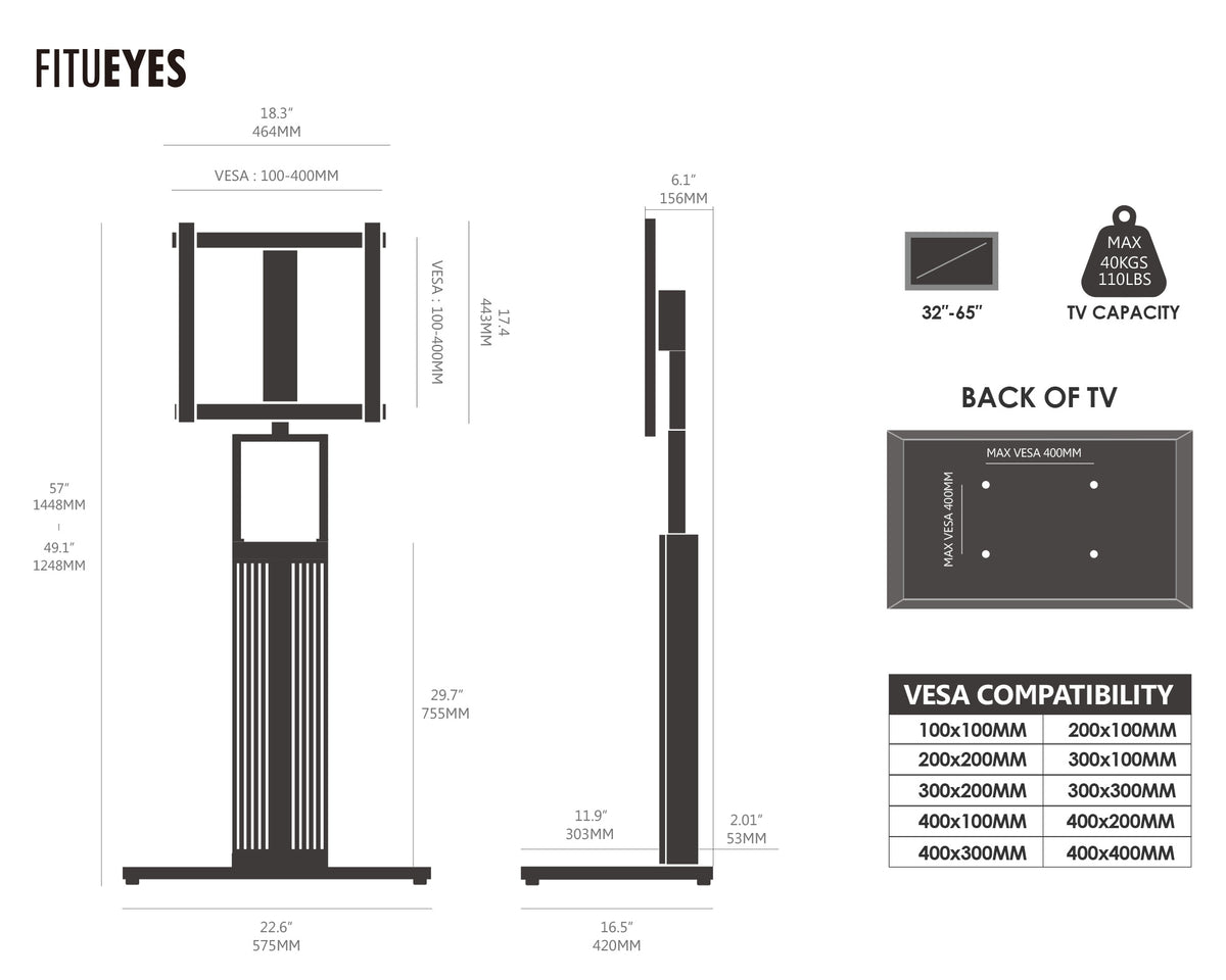 FITUEYES Zen FT65 TV stand dimensions and VESA compatibility diagram for 32 to 65 inch TVs