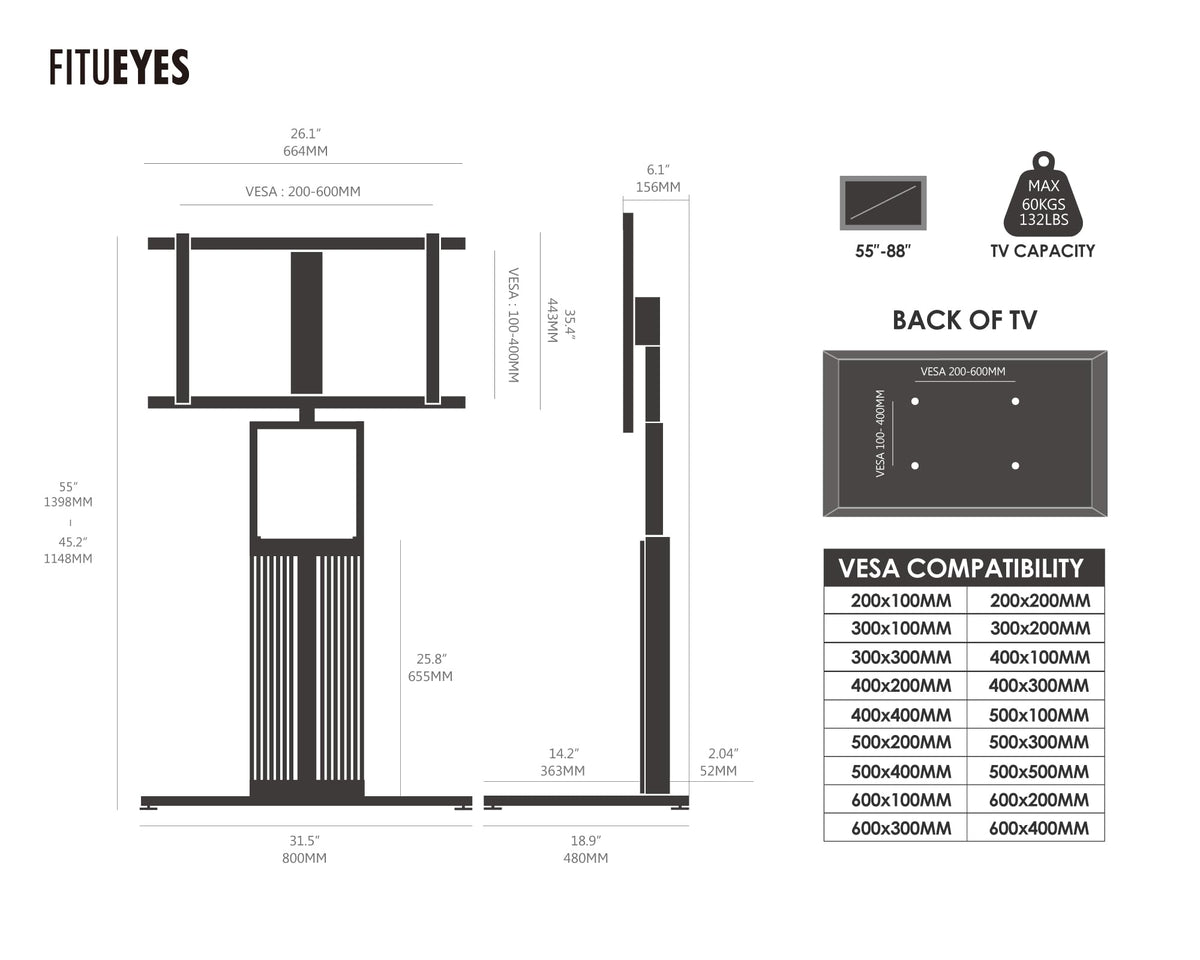 FITUEYES Zen FT88 TV stand dimensions and VESA compatibility diagram for 55 to 88 inch TVs