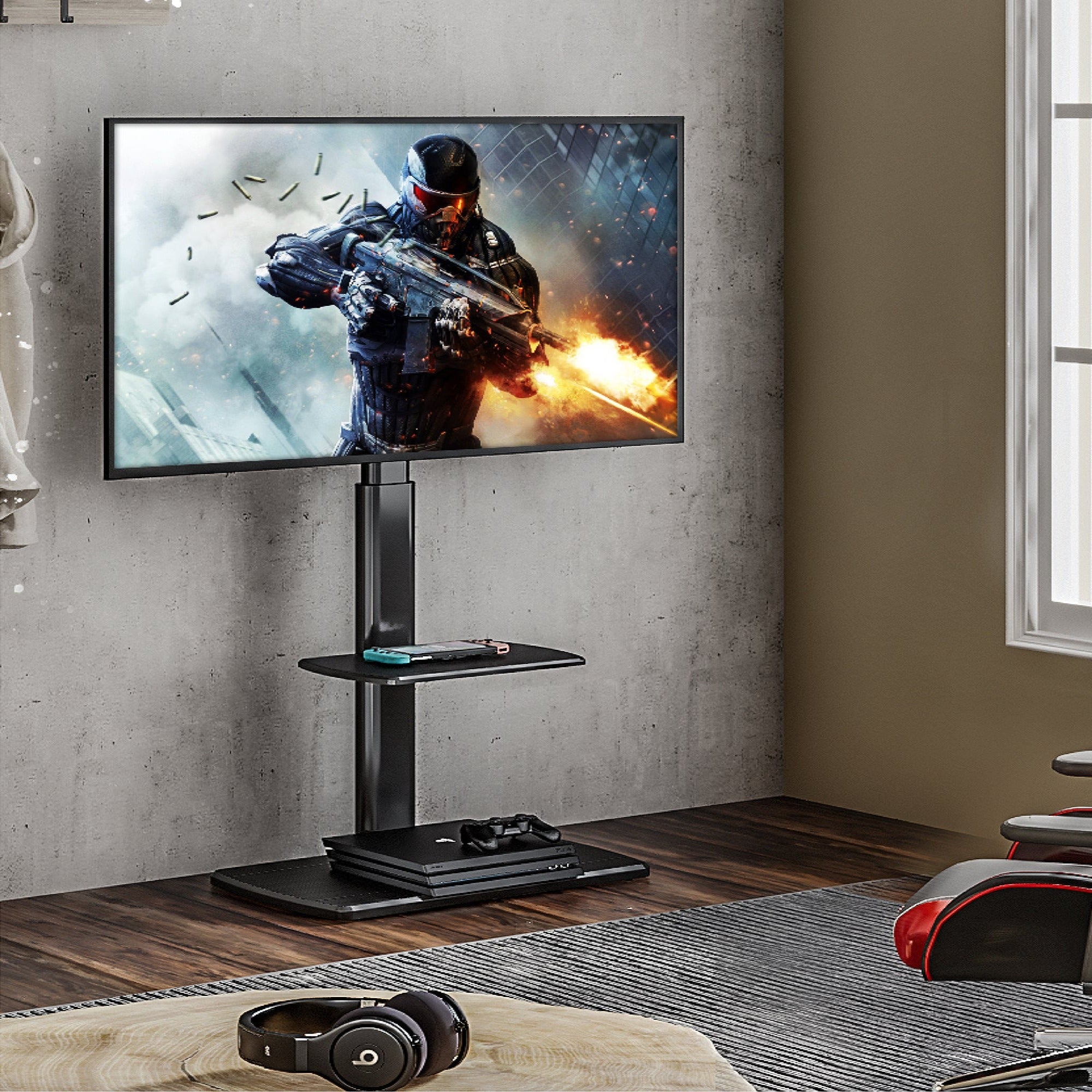 Gaming Floor TV Stand with Shelf Carbon Fibre Base E Series 32-65 Inch