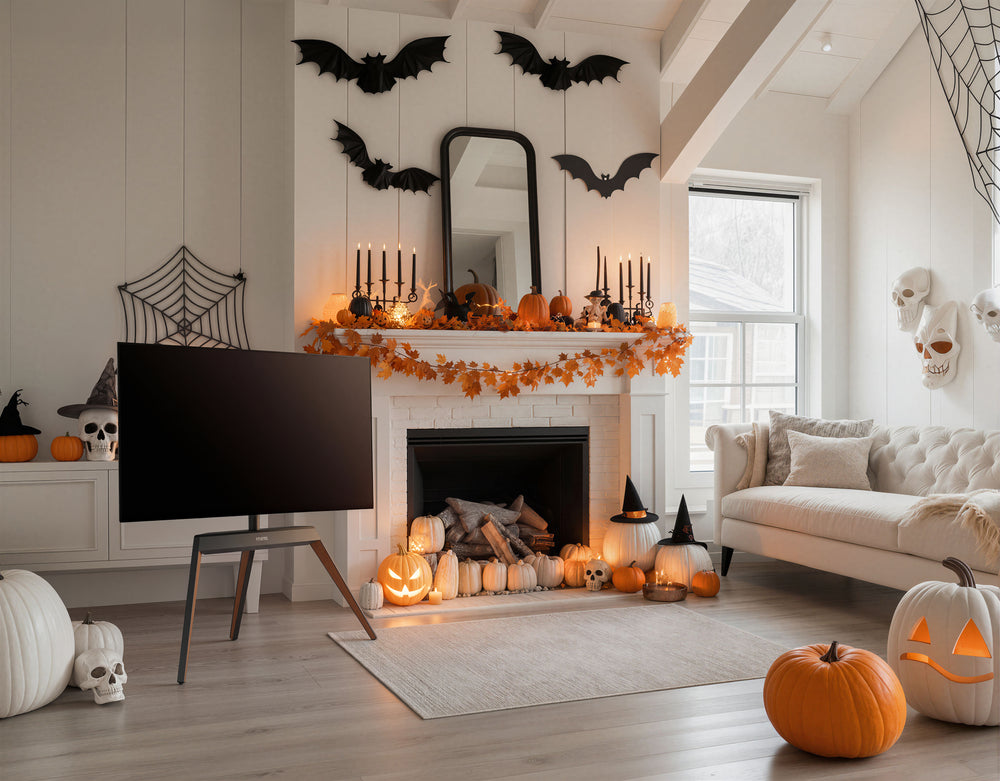 Picasso TV stand in a Halloween living room with orange pumpkins