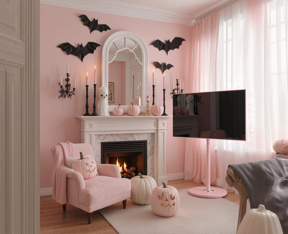 Pink Master TV stand in a blush Halloween room